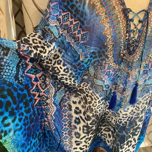 NWT True Colours by La Moda Blue Cat Maxi Swim Cover Up Caftan Dress One SZ - Picture 6 of 10